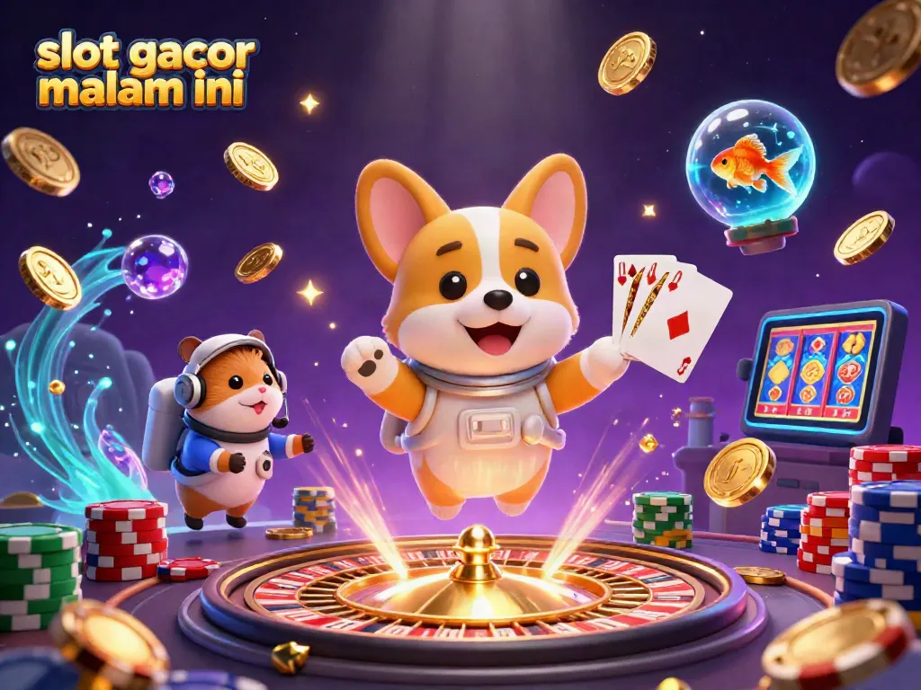 Mainkan slot gacor malam ini dengan karakter karikatur astronaut corgi menjelajahi kasino luar angkasa dengan chip poker dan koin emas.