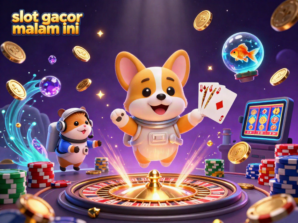 Mainkan slot gacor malam ini dengan karakter karikatur astronaut corgi menjelajahi kasino luar angkasa dengan chip poker dan koin emas.
