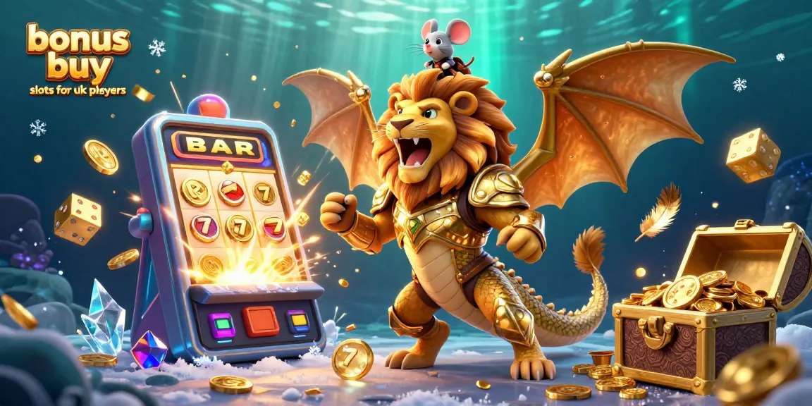 Experience the excitement of bonus buy slots for UK players with this vibrant 3D illustration of chimera and slot machine elements.