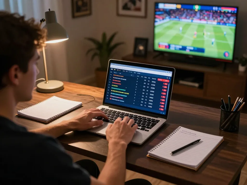 Engaging online sports betting moment showcasing nhà cái 88aa activities with laptop and notes.