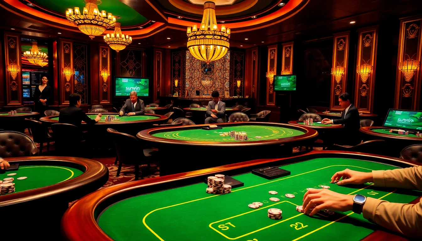 Exciting gambling action at a sunwin casino table with players and cards.