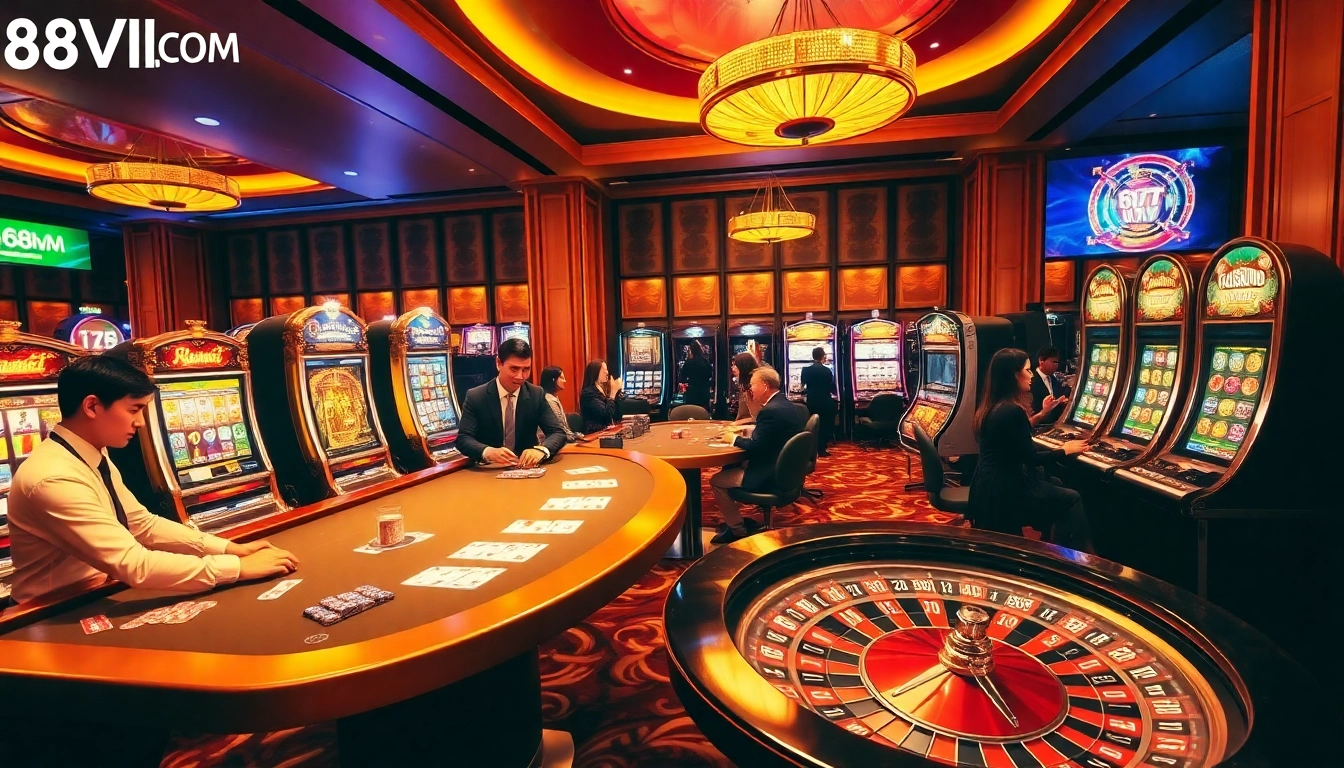 Excited players engaging in games at a luxurious casino on 68VIP.COM, showcasing vibrant slot machines and roulette.