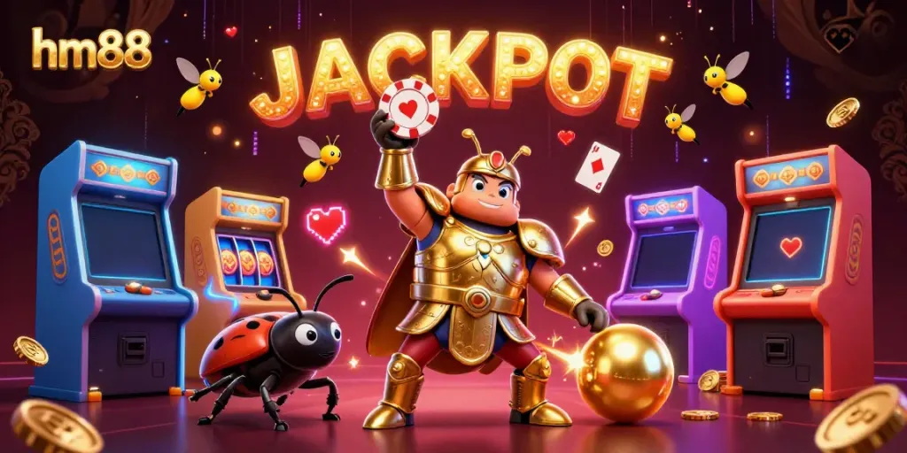 Experience the excitement of hm88 as a victorious beetle lifts a poker chip amidst glowing casino elements.