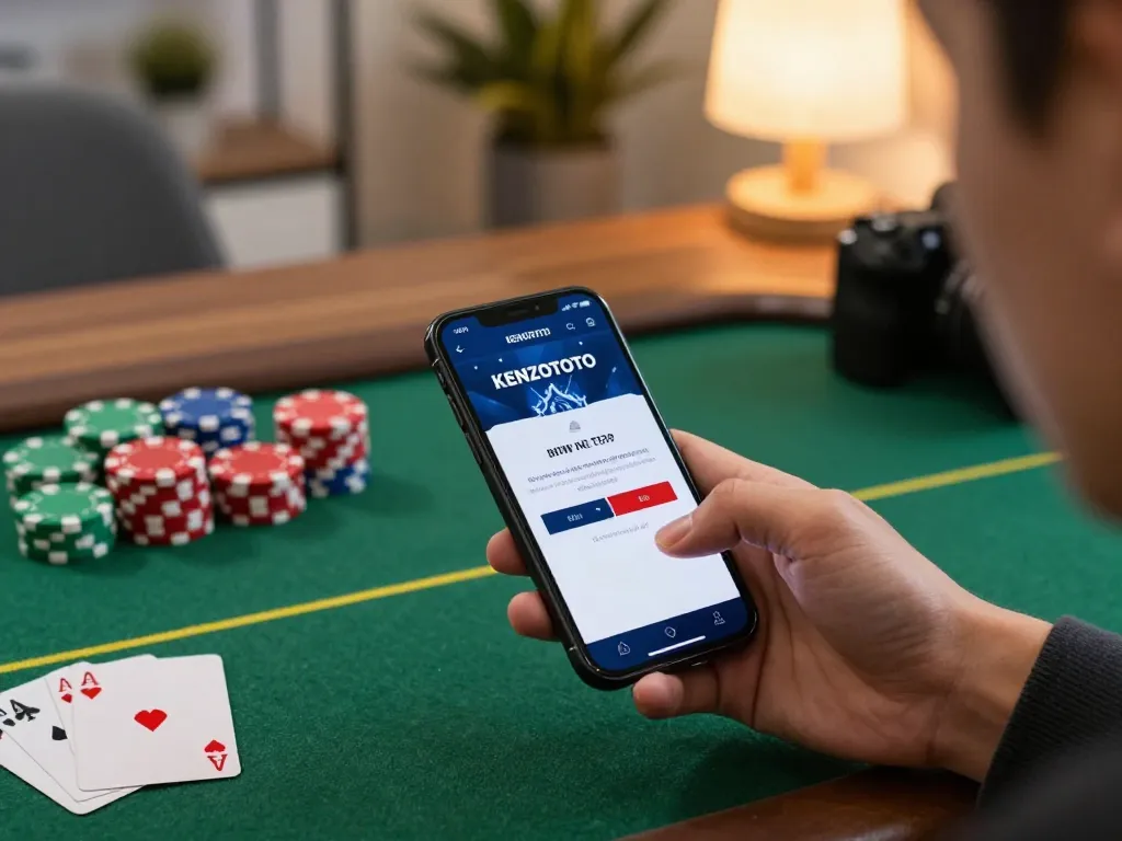 Momen menarik yang menampilkan pengalaman login KENZOTOTO di smartphone, dikelilingi oleh chip poker dan kartu.