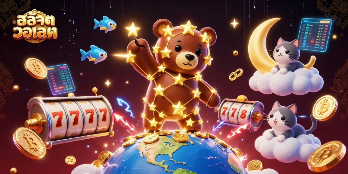 Experience สล็อตวอเลท action with a 3D cartoon constellation bear scooping coins and vibrant gaming elements.