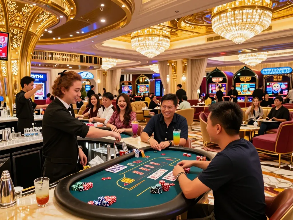 Casino Hong Kong gaming excitement with players, cocktails, and lavish décor.