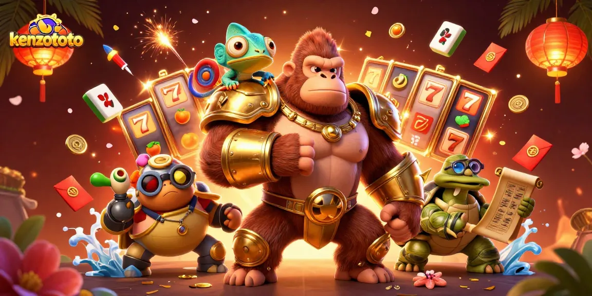 Kenzototo gorilla king spins slot reels in a vibrant 3D casino scene.