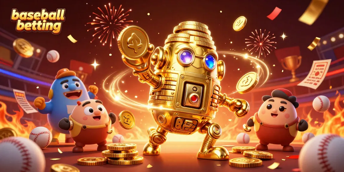 Engage in baseball betting with a vibrant 3D illustration featuring a golden golem amidst cheering stadiums.