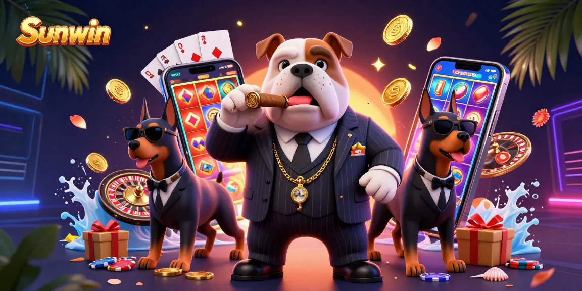 Sunwin's dynamic gaming scene features a mafia boss bulldog and bodyguards with casino elements.