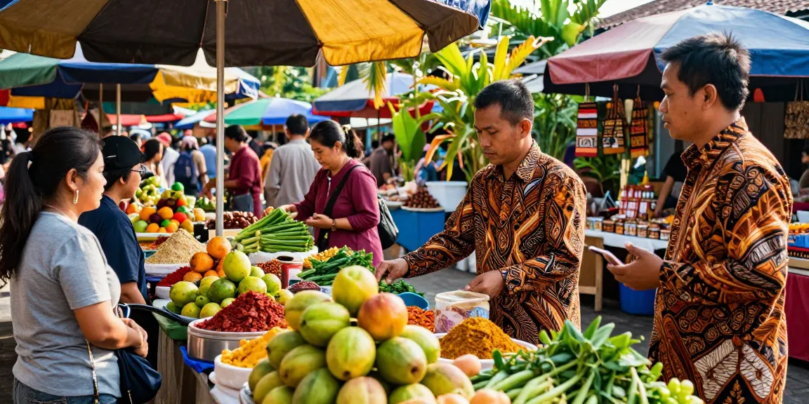 Pemandangan pasar tradisional dengan rajatogel dan suasana ramai.