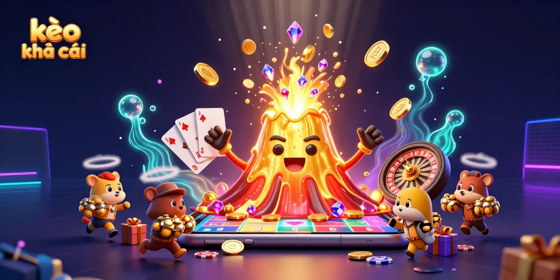 Experience thrilling kèo nhà cái action with a golden volcano erupting treasure amidst vibrant casino elements.