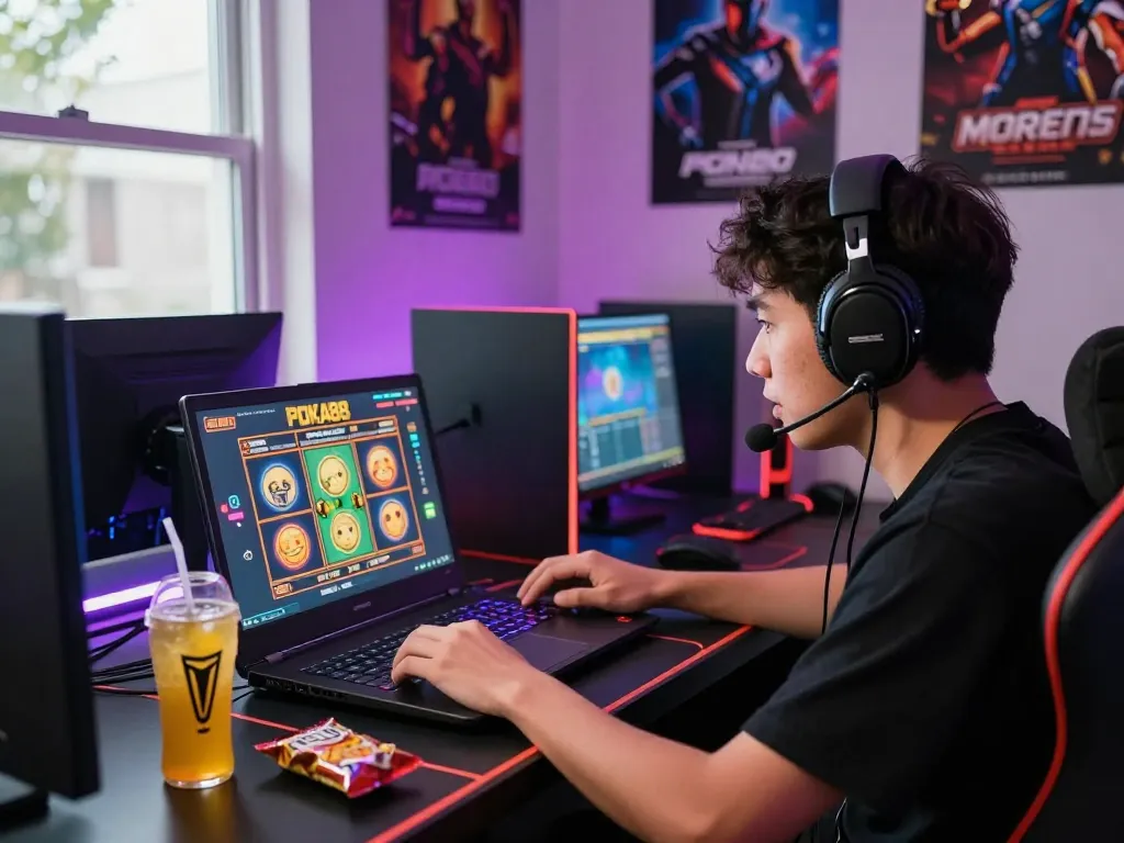 Pemain menikmati permainan slot POKA101 di setup gaming yang cerah dengan camilan.