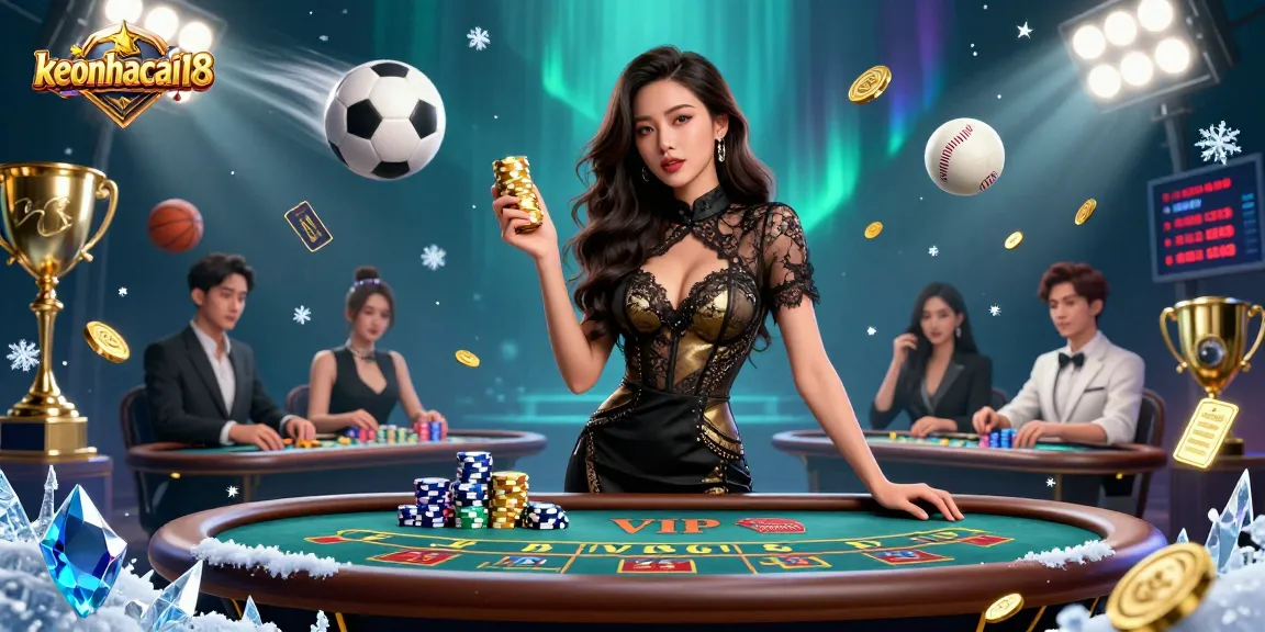 Experience the excitement of keonhacai18 with a glamorous Asian woman at a VIP baccarat table, surrounded by dynamic sports betting elements.
