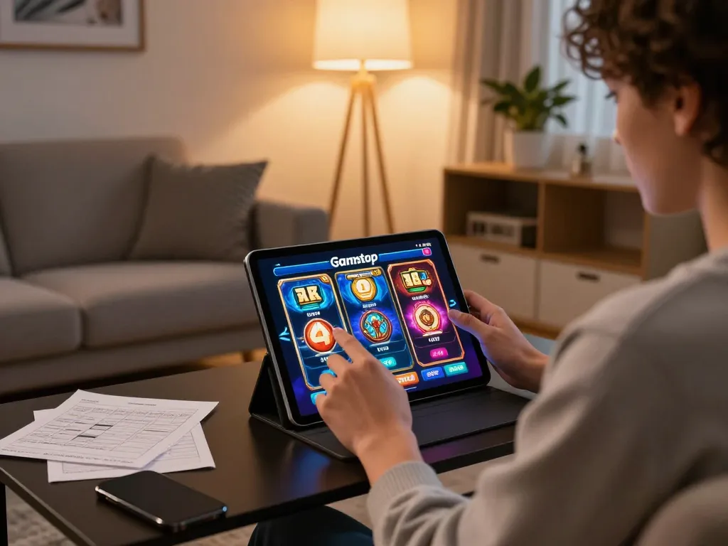 Playing slots not on Gamstop on a tablet in a cozy home environment, showcasing responsible gaming.