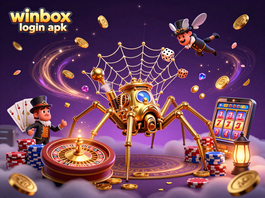 Experience thrilling gameplay with winbox login apk as a steampunk spider weaves golden chains and catches dice.
