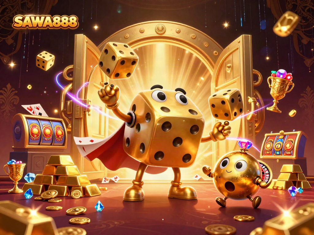 Experience the excitement of SAWA888 with a golden dice golem, lights, and treasures