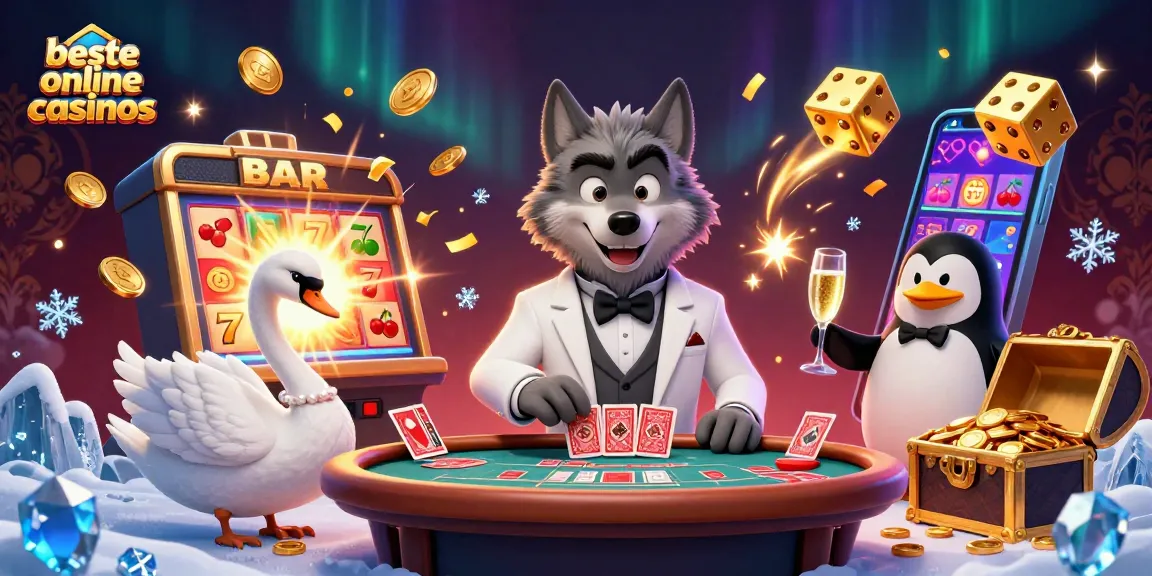 Engaging illustration depicting beste online casinos with a debonair wolf at a baccarat table and an elegant swan dealing cards amidst explosive slot machine elements.