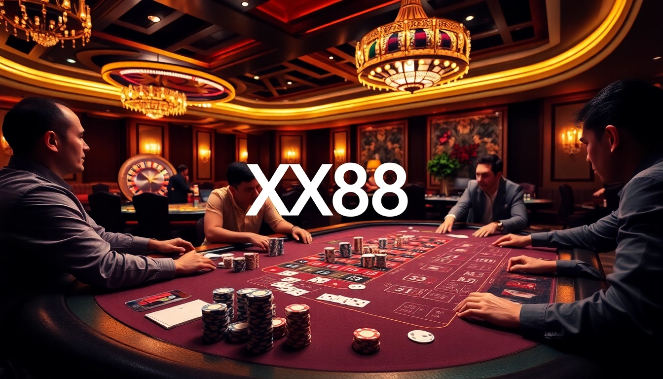 Players strategizing their bets at a poker table in the exciting XX88 casino atmosphere.
