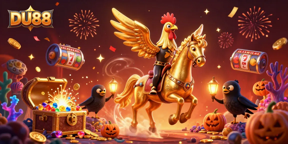 Dive into DU88's vibrant casino world with golden rooster characters surrounded by lively slot machines.
