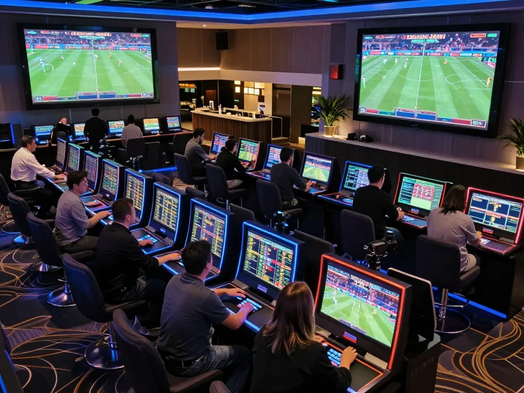 Engaged bettors analyzing odds at the god55 sports betting area, showcasing excitement and dynamic atmosphere.