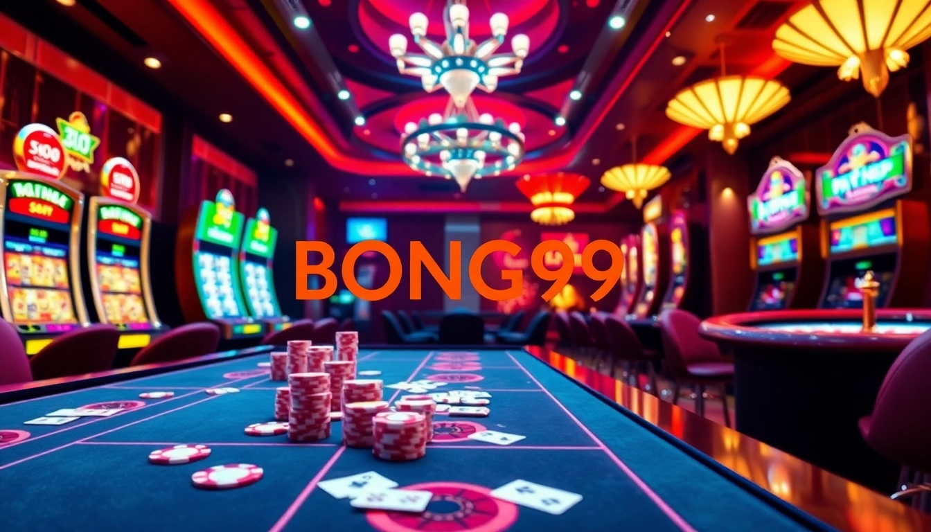 Bong99 online betting scene featuring casino tables, poker chips, and vibrant slot machines.