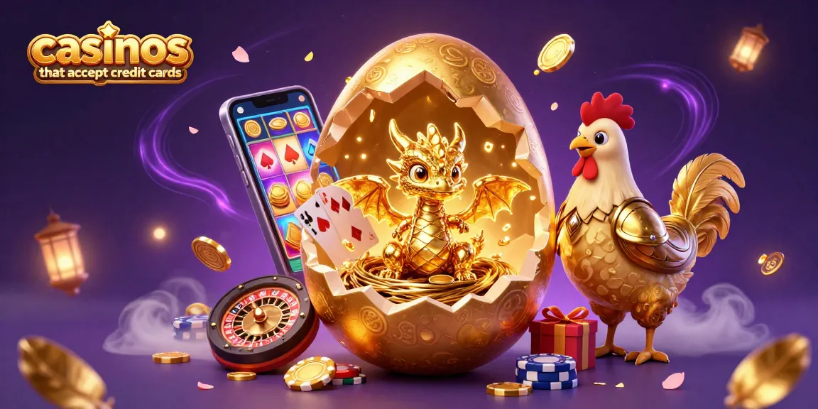 Engage with casinos that accept credit cards, featuring a golden dragon and poker chips amidst vibrant casino elements.