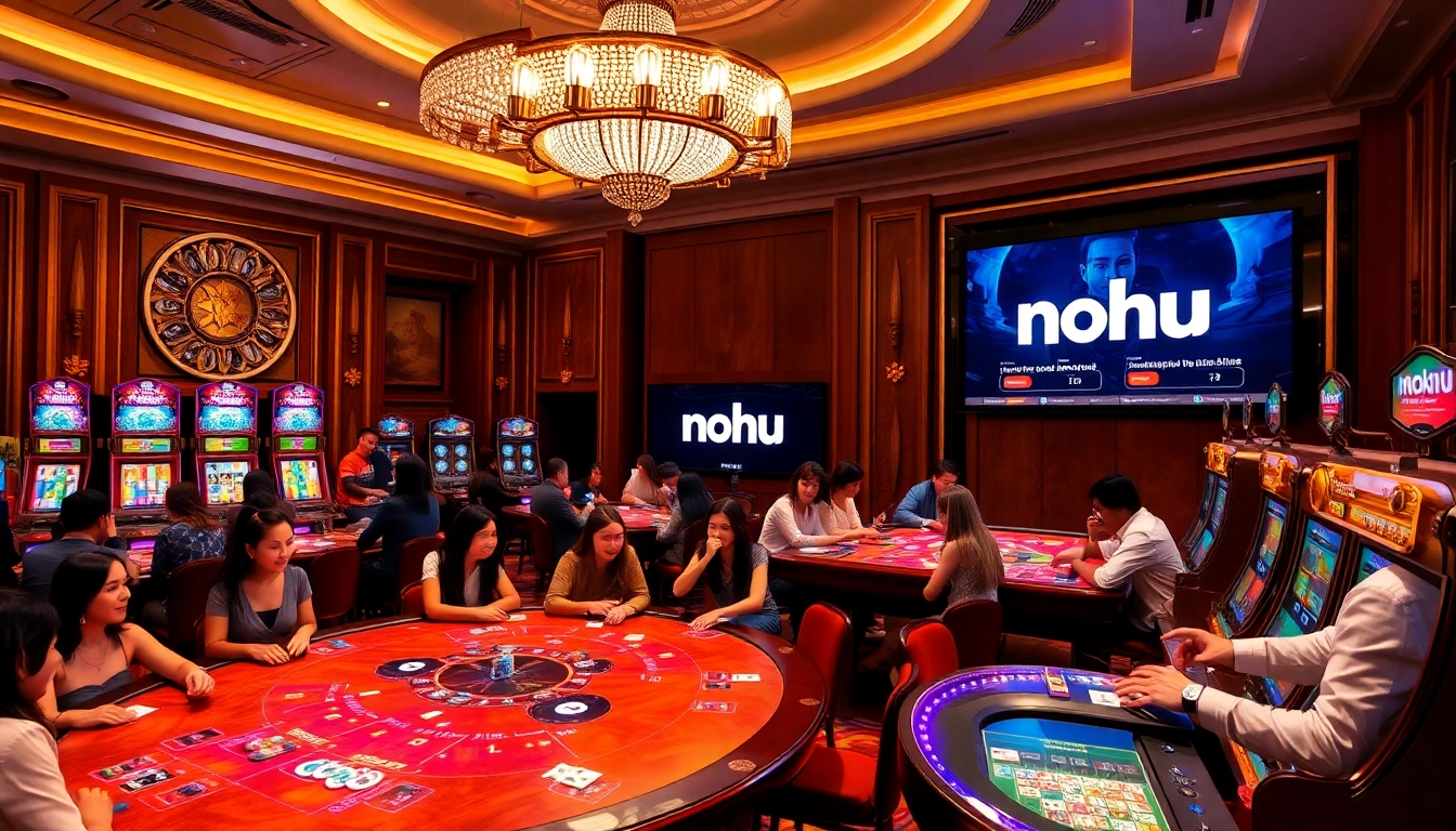 Nohu players enjoying thrilling slot machines and poker tables in a vibrant casino atmosphere.