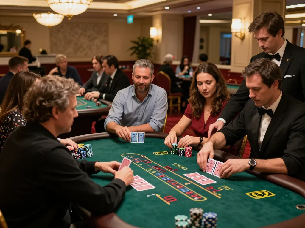 Players engaged in blackjack strategy at gameradar casino, dynamic atmosphere with dealers and chips