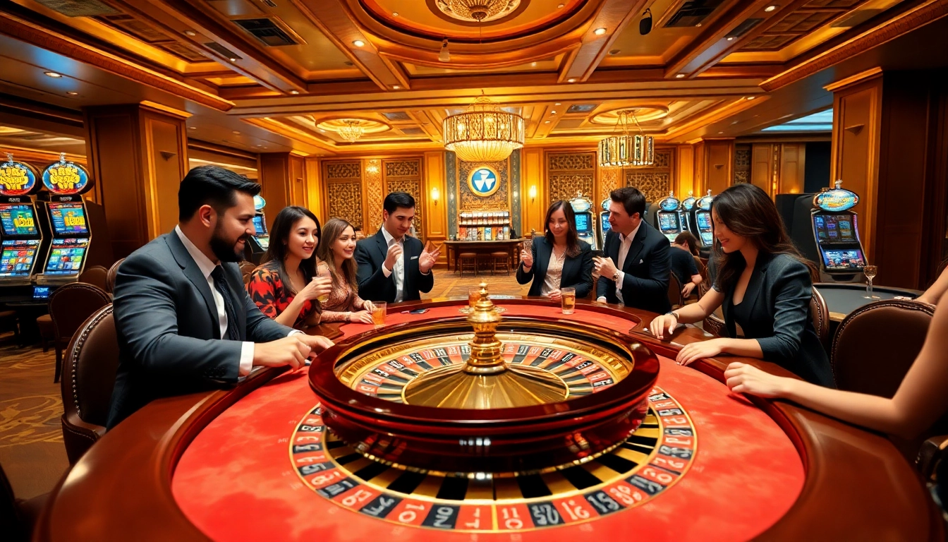 A thrilling rr88 gaming experience at a luxurious casino with players excitedly betting at a roulette table.