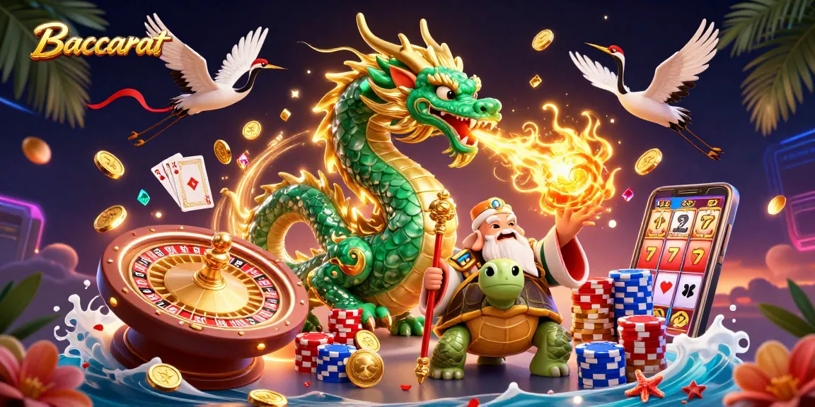 Baccarat scene featuring a jade dragon, a turtle sage, and flying cranes with casino elements like coins and cards.