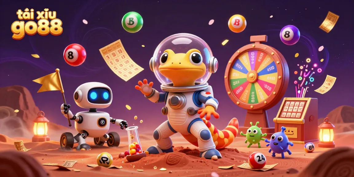 Experience the excitement of tài xỉu go88 with a vibrant scene featuring a Martian gecko and dynamic casino elements.