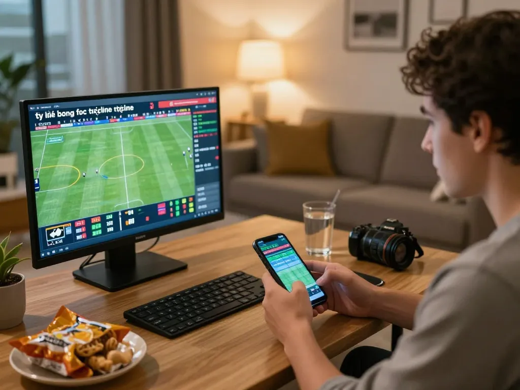 Engaging with tỷ lệ bóng đá trực tuyến odds on smartphone at home sports betting setup.