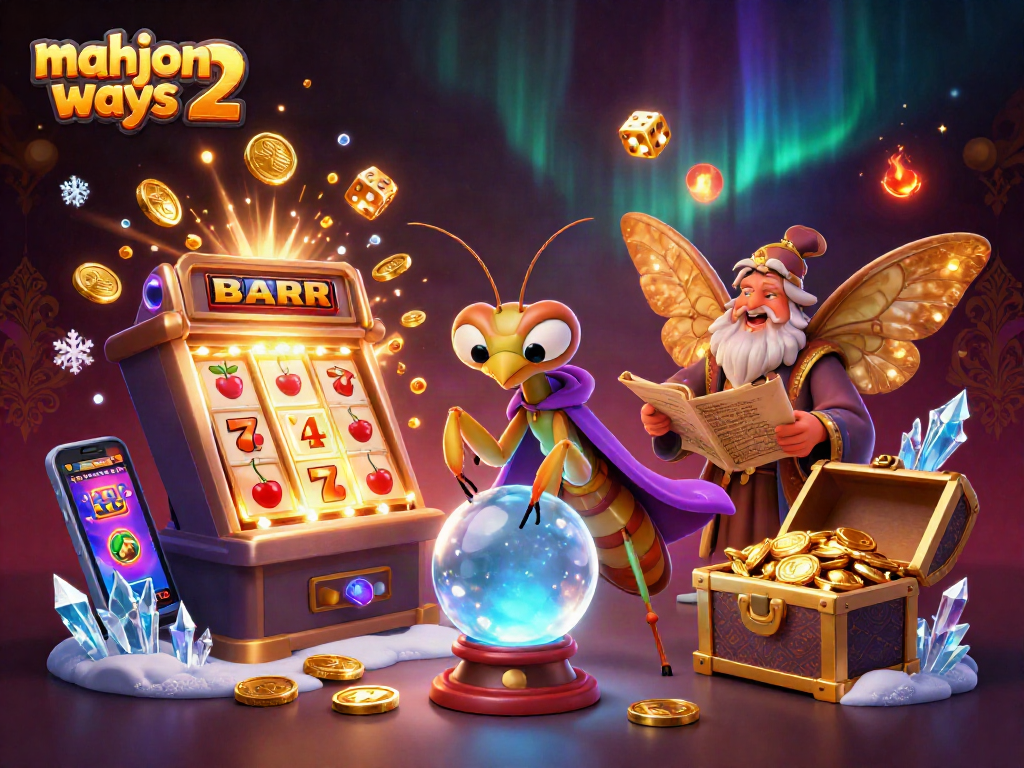 Experience Mahjong Ways 2 with electric visuals of fortune tellers, slot machines, and lively casino elements.