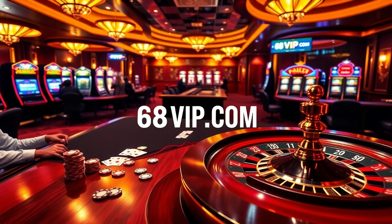 A high-stakes poker table scene at 68VIP.COM with vibrant slot machines, roulette wheel, and eager players.