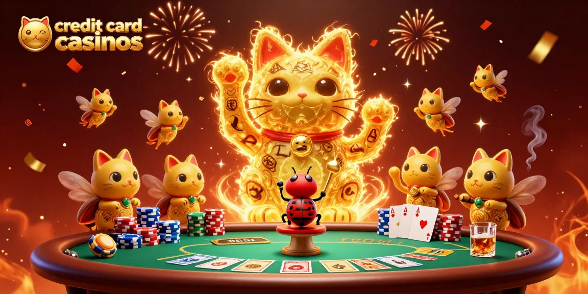 Experience the magic of credit card casinos with a lucky cat made of fireflies, poker elements, and vibrant casino theme.