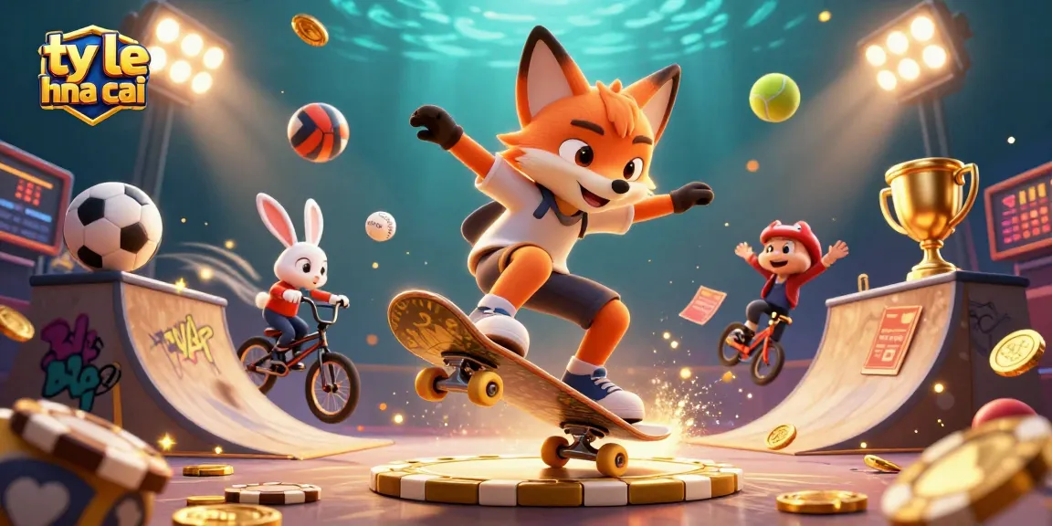 Dynamic scene showcasing ty le keo nha cai with animated casino characters and sports elements.