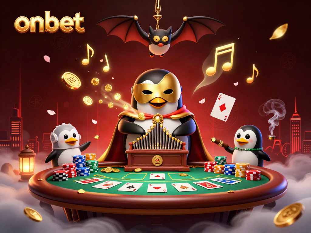 Experience gaming excitement with onbet as a penguin plays an organ shooting gold coins in an energetic casino scene.