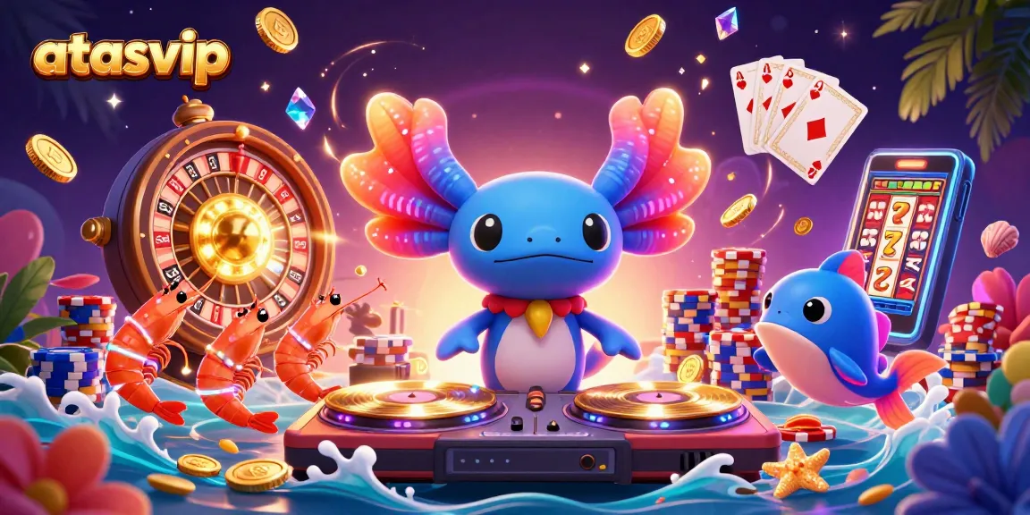 Creating exciting wins at atasvip with an energetic 3D casino scene featuring quirky underwater characters and vibrant game elements.