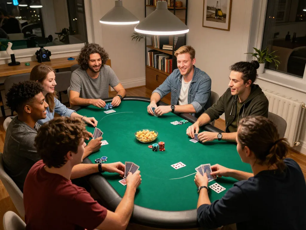 Dewa togel players engaged in a lively poker match during a home game night