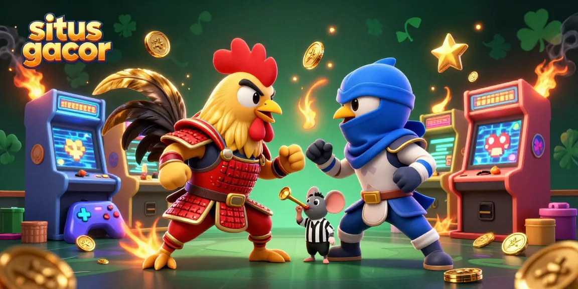 Battling roosters in samurai and ninja outfits illustrate situs gacor-themed arcade action.