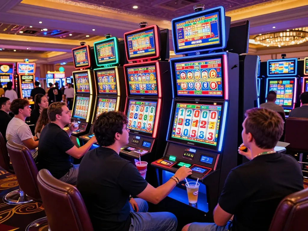 Exciting gambling moment featuring link slot machines and diverse players at a vibrant casino