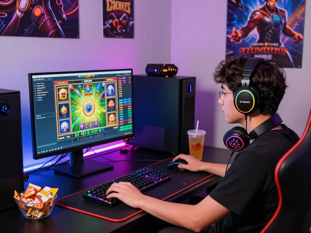 Pengaturan permainan situs slot yang menarik dengan pemain yang terlibat di meja yang berwarna-warni, menunjukkan perangkat permainan dan pencahayaan.