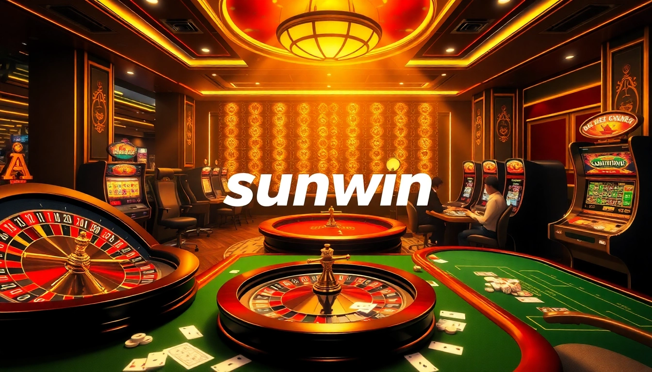 Players enjoying a thrilling game at sunwin casino with roulette and poker tables.