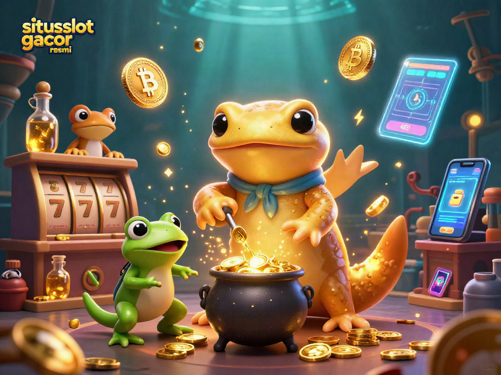 Engage with situs slot gacor resmi, depicting a cartoon alchemist in a casino theme with gold and crypto elements.