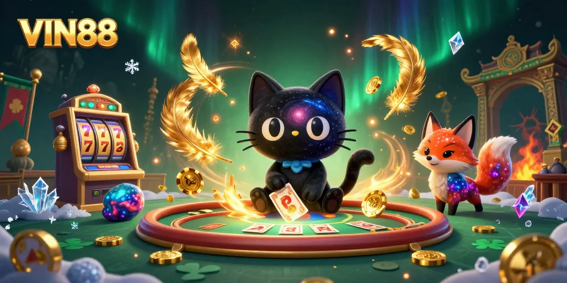 Experience the vibrant slots and features at VIN88 through an animated cosmic casino scene.