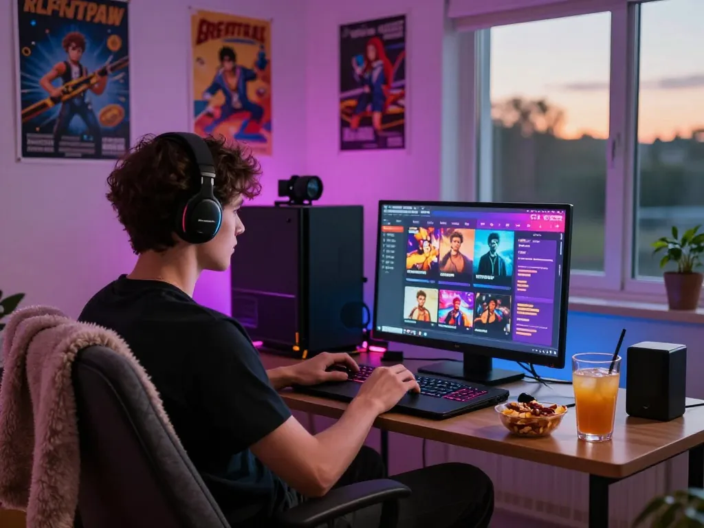 Player enjoying free porn games on a laptop in a cozy gaming setup with vibrant colors and snacks.