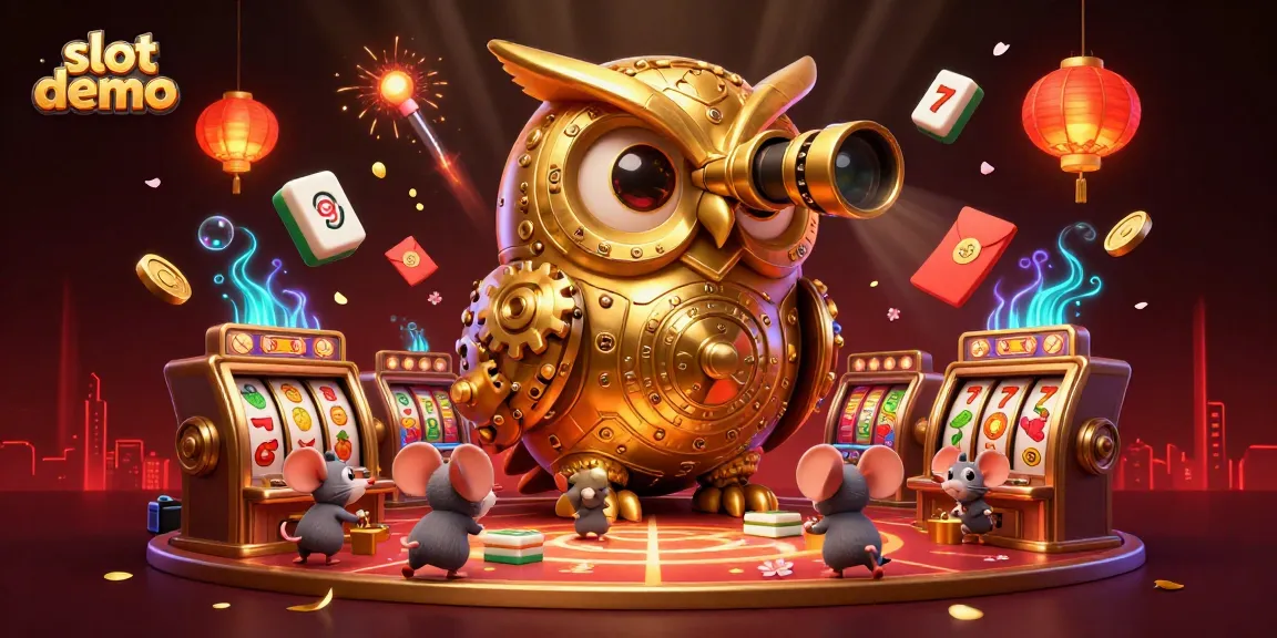Slot demo menampilkan burung hantu emas mekanik yang mengawasi permainan kasino dengan simbol keberuntungan.