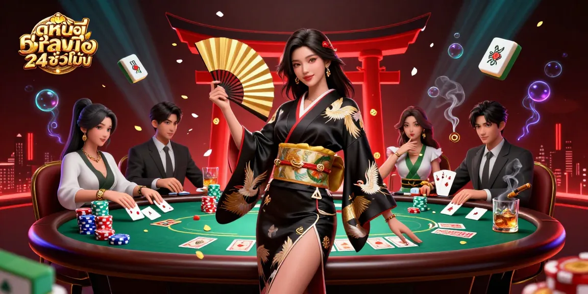 Experience the thrill of ดูหนังออนไลน์ฟรี24ชั่วโมง with vibrant scenes of a majestic casino setting featuring an elegant woman in a traditional kimono.
