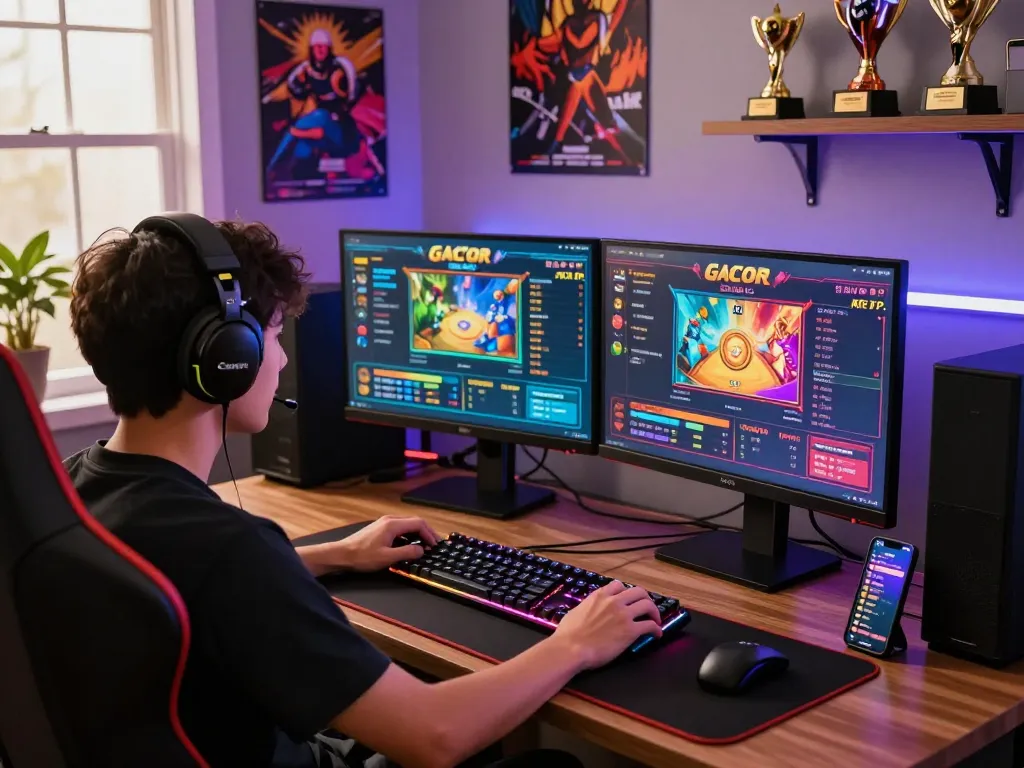 Player enjoying a thrilling online slot gacor experience with vibrant graphics and gaming accessories in a cozy gaming nook.