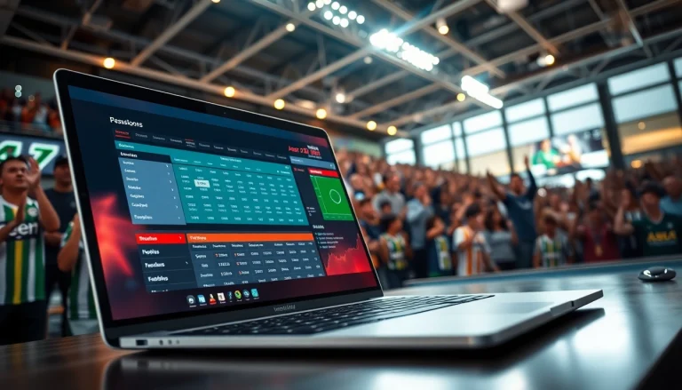 Engaging visual of online Betting on a laptop amidst a lively sports event atmosphere.